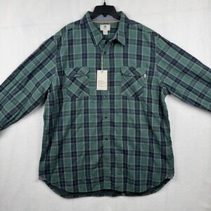 Timberland XXL Mens Organic Flannel Shirt Green Blue Plaid Button Up Long Sleeve